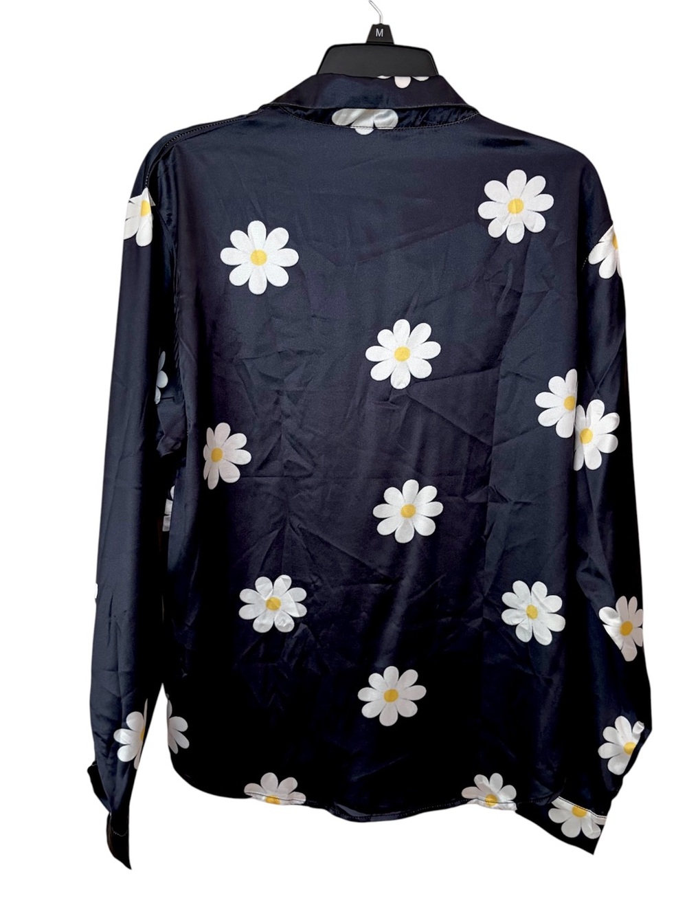 Black Daisy-Print Satin Button-Up Blouse - Picture 2 of 3